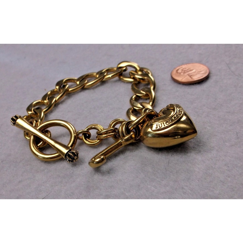 Vtg Juicy Couture Gold Tone Puffy Heart & J Charm Starter Toggle Bracelet Y2K - Picture 2 of 7